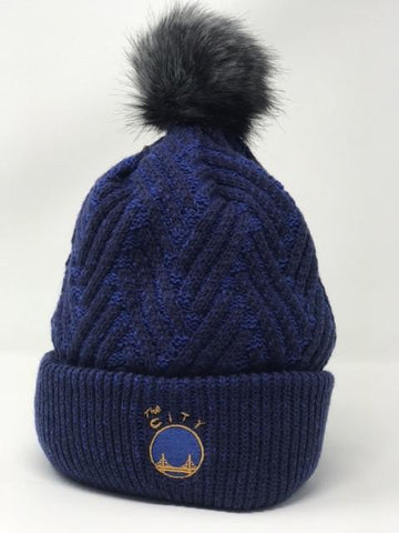 Golden State Warriors - Crossed Out Texture Pattern Knit Fur Pom Beanie - Blue