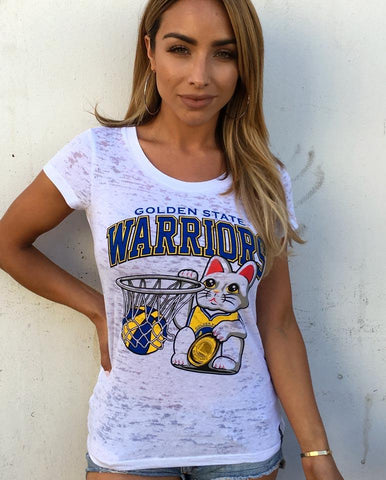 Warriors Lucky Cat T-shirt - White Burnout